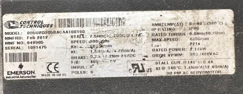Control Techniques 095U2D305BACAA100190 Unimotor FM AC Servo Motor 2.14kW 4800RPM with Brake