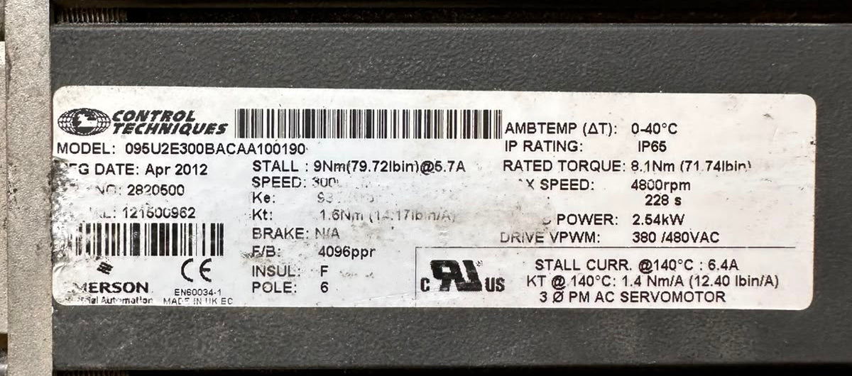 Control Techniques 095U2E300BACAA100190 Unimotor FM AC Servo Motor 2.54kW 4800RPM