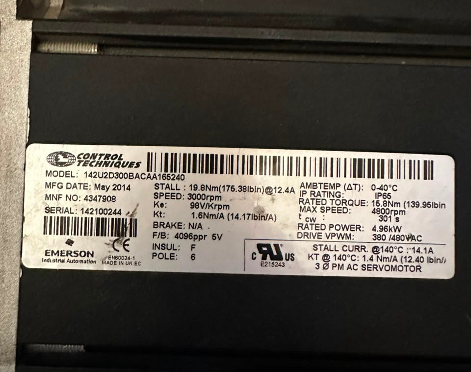 Control Techniques 142U2D300BACAA166240 3Ø PM AC Servo Motor 4.96kW 3000 RPM