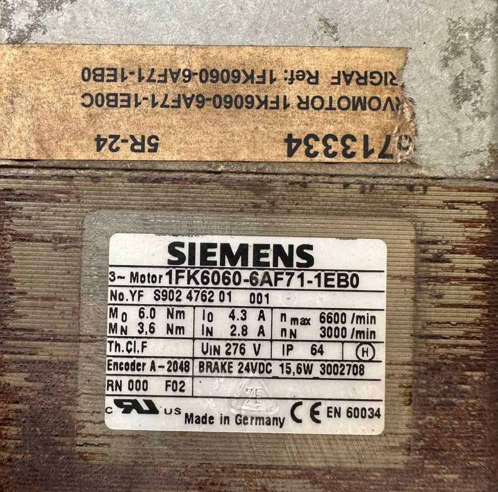 Siemens 1FK6060-6AF71-1EB0 AC Servo Motor 3.6Nm 3000RPM 24V Brake Encoder IP64