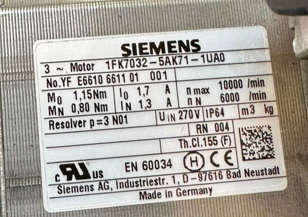 Siemens SIMOTICS 1FK7032-5AK71-1UA0 AC Servo Motor 0.8 Nm 6000 RPM