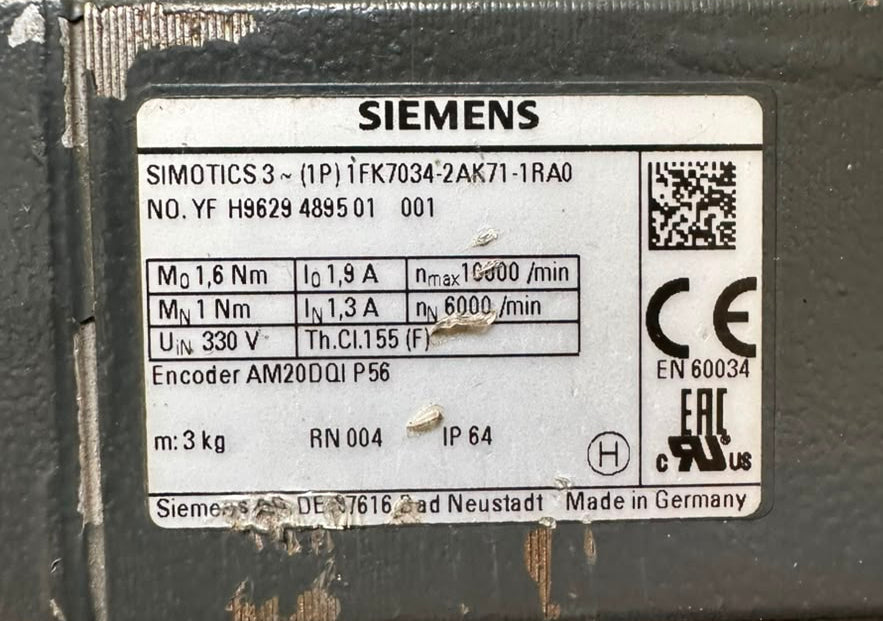 Siemens SIMOTICS 1FK7034-2AK71-1RA0 AC Servo Motor 330V 6000RPM IP64