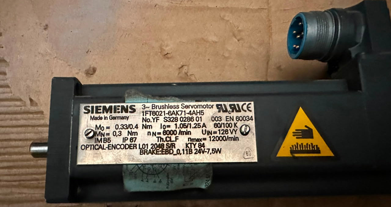 Siemens 1FT6021-6AK71-4AH5 Brushless Servo Motor 126V 6000 RPM with Brake