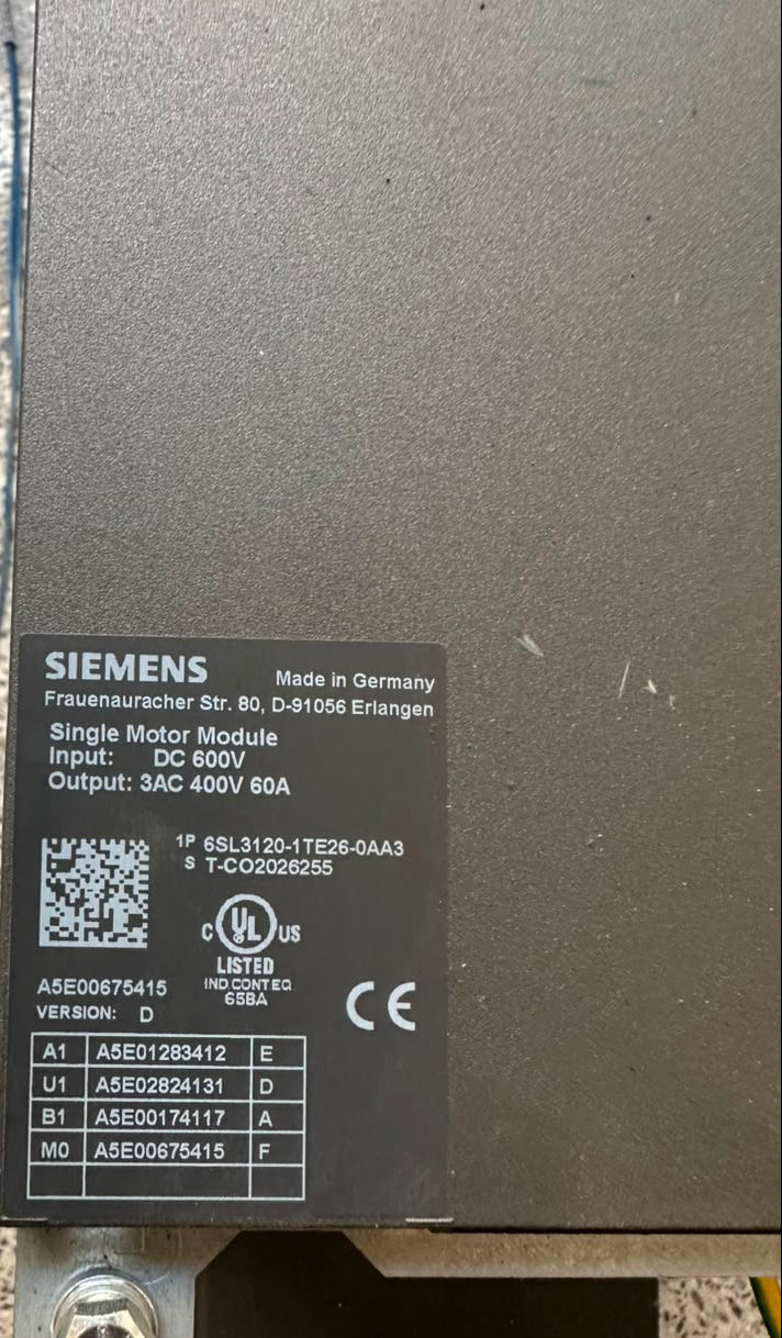 Siemens 6SL3120-1TE26-0AA3 SINAMICS S120 Single Motor Module 600V DC 60A