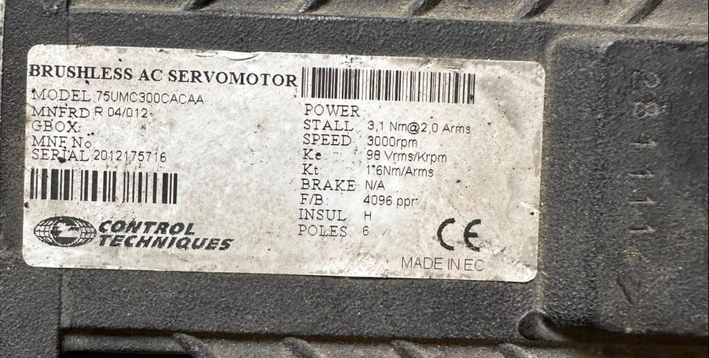 Control Techniques 75UMC300CACAA Brushless AC Servo Motor 3000 RPM 3.1 Nm