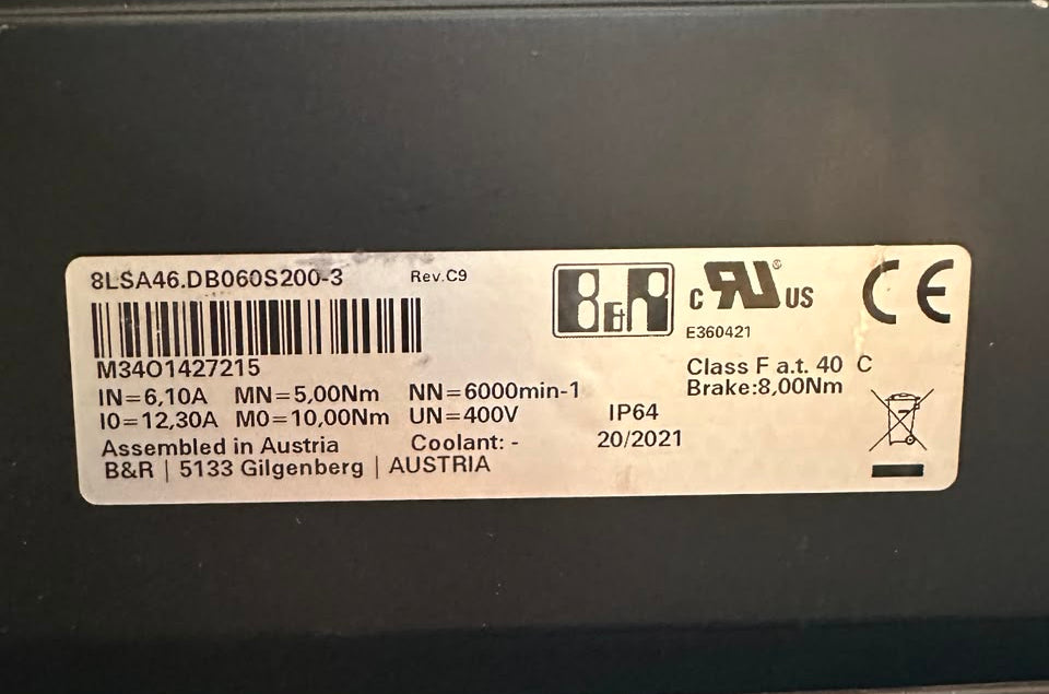 B&amp;R 8LSA46.DB060S200-3 AC Servo Motor 400V 6000 RPM with 8 Nm Brake