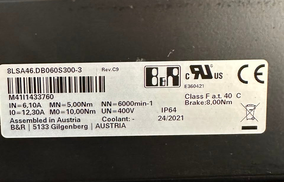 B&R 8LSA46.DB060S300-3 AC Servo Motor 400V 6000 RPM with 8 Nm Brake