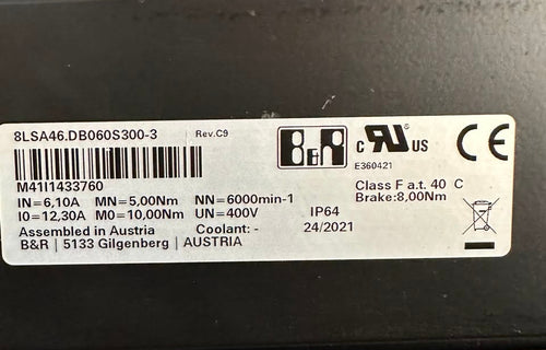 B&R 8LSA46.DB060S300-3 AC Servo Motor 400V 6000 RPM with 8 Nm Brake