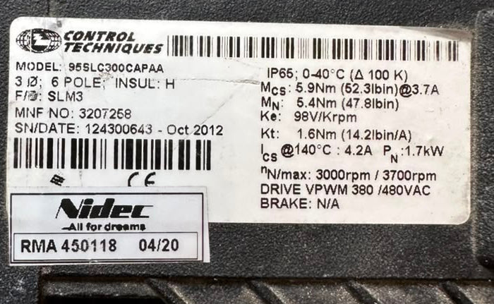 Control Techniques 95LS300CAPAA AC Servo Motor 1.7kW 3000RPM IP65 Nidec