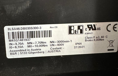 B&R 8LSA46.DB030S300-3 AC Servo Motor 400V 3000 RPM with 8 Nm Brake