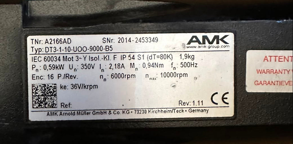 AMK DT3-1-10-UO0-9000-B5 AC Servo Motor 350V 6000 RPM 0.59kW