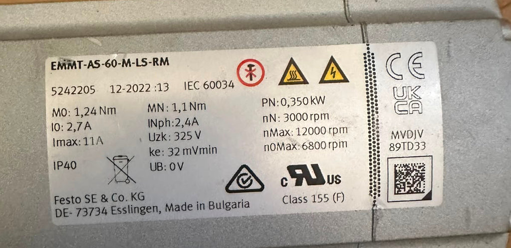 Festo EMMT-AS-60-M-LS-RM AC Servo Motor 325V 3000 RPM 0.35 kW