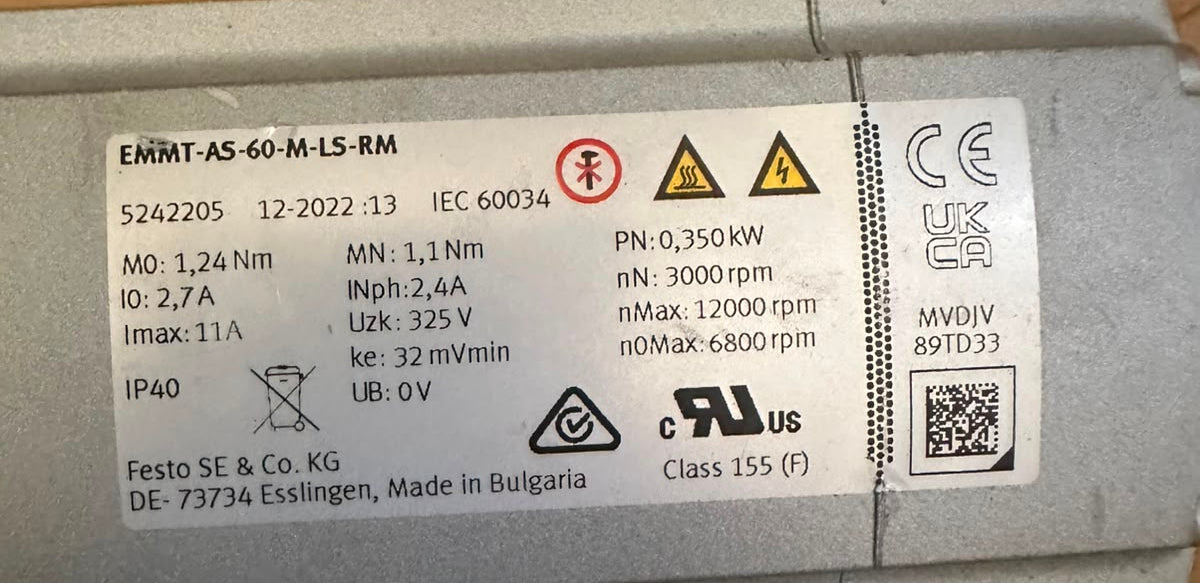 Festo EMMT-AS-60-M-LS-RM AC Servo Motor 325V 3000 RPM 0.35 kW