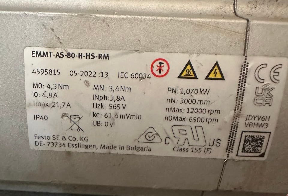 Festo EMMT-AS-80-H-HS-RM AC Servo Motor 565V 3000 RPM 1.07 kW
