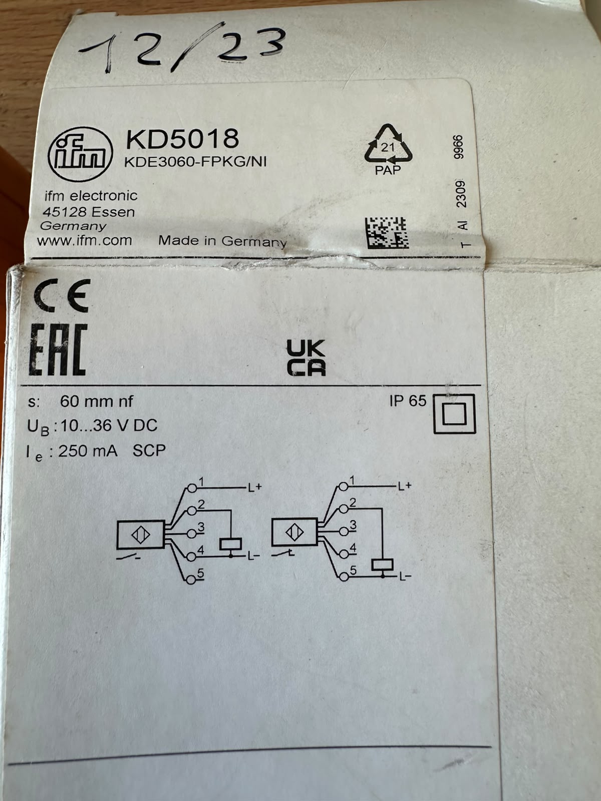 IFM KD5018 KDE3060-FPKG/NI Sensor 10-36VDC IP65