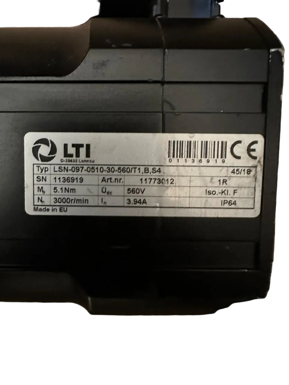LTi LSN-097-0510-30-560/T1,B,S4 AC Servo Motor 560V 3000 RPM 5.1Nm