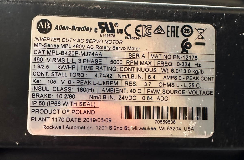 Allen-Bradley MPL-B420P-MJ74AA MP-Series 480V AC Rotary Servo Motor 1.9kW 5000 RPM with Brake