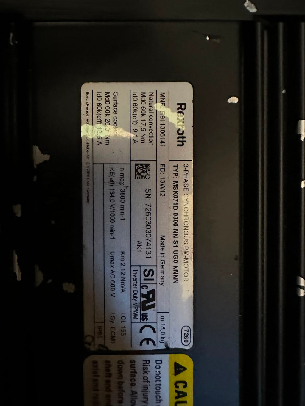 Bosch Rexroth MSK071D-0300-NN-S1-UG0-NNNN 3-Phase PM Servo Motor 600V 17.5Nm