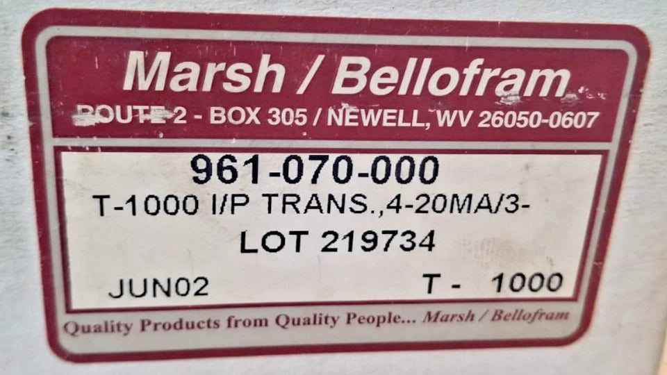 Marsh Bellofram T-1000 I/P Transducer 961-070-000 4-20mA to 3-15 PSI