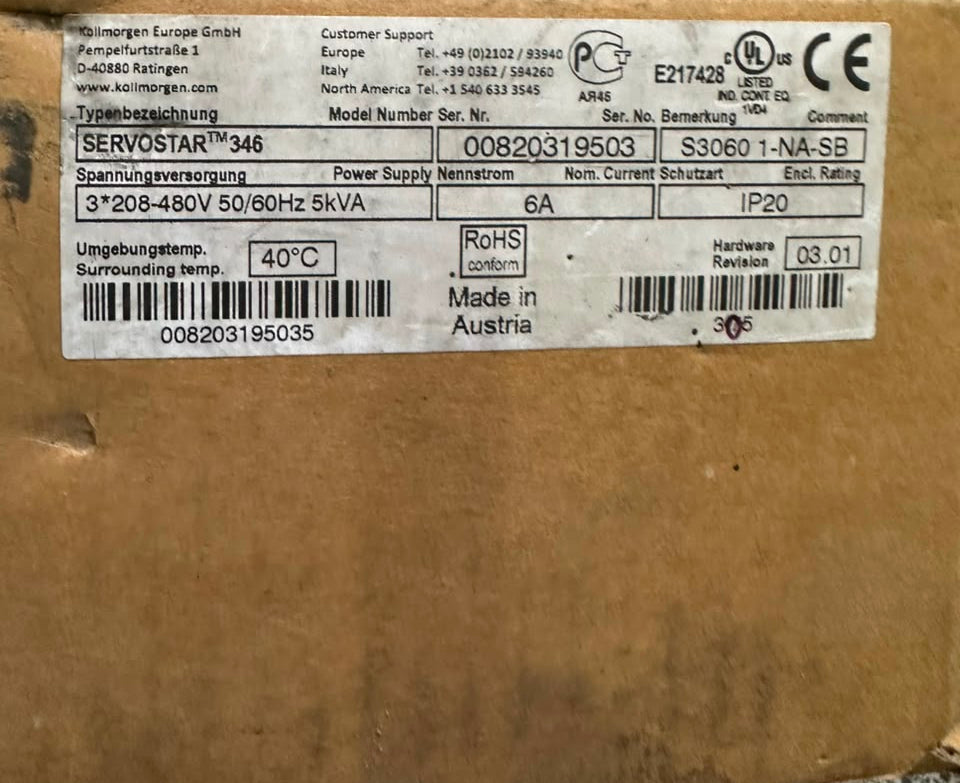 Kollmorgen SERVOSTAR 346 S3060 1-NA-SB Servo Drive 3×208–480V 5kVA