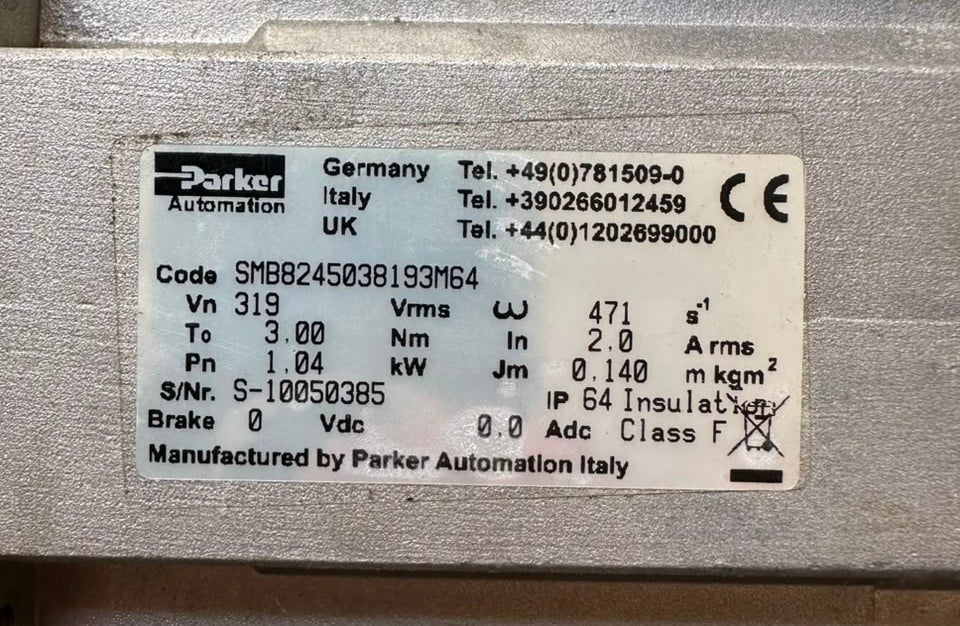 Parker Automation SMB8245038193M64 Brushless AC Servo Motor 1.04kW 319V 3Nm IP64