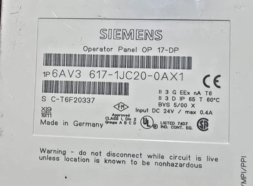 Siemens SIMATIC OP17-DP Operator Panel HMI 6AV3617-1JC20-0AX1
